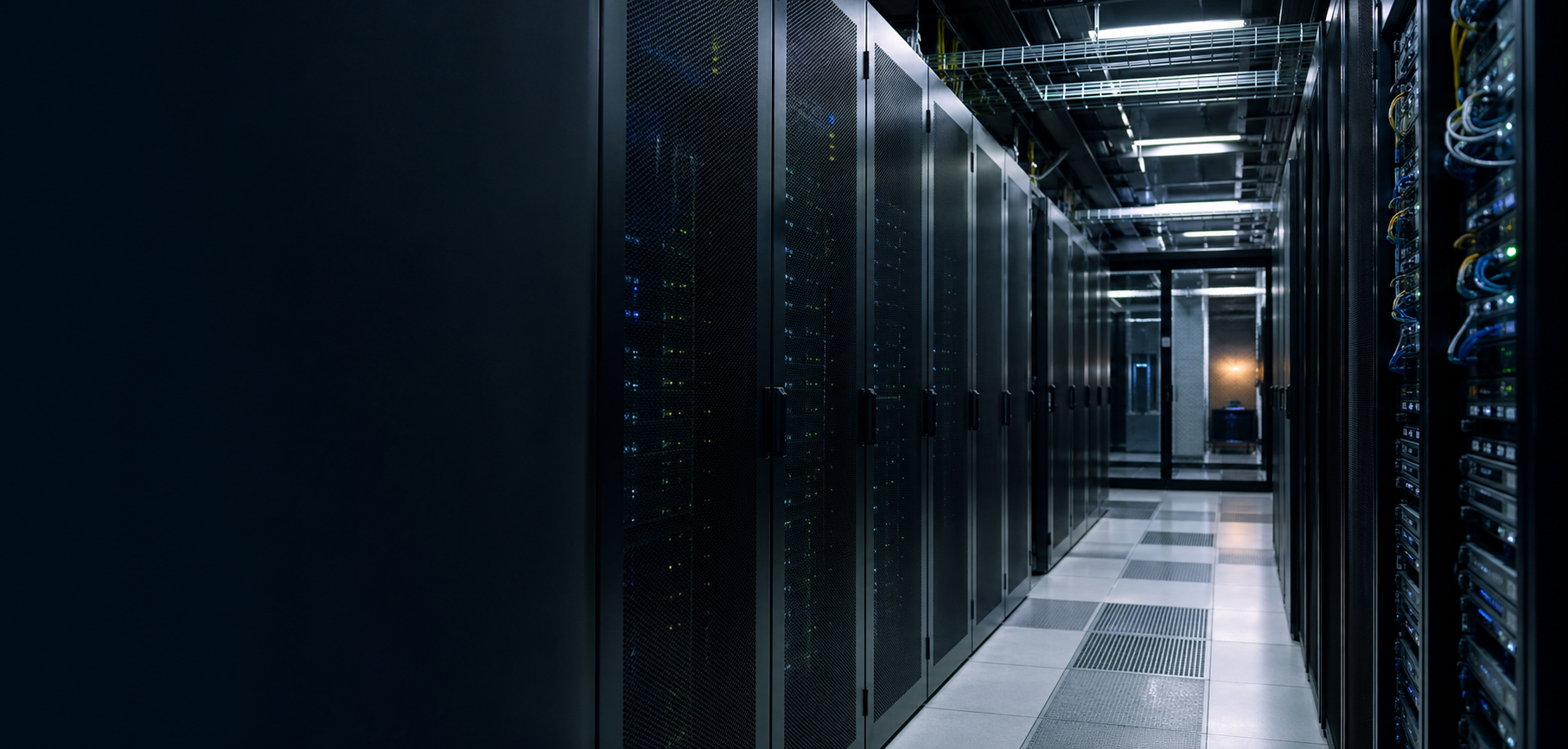 Corredor de datacenter com racks de servidores